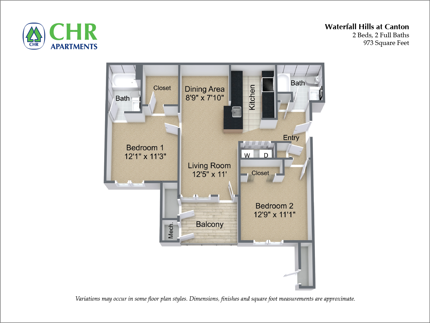 Floor plan for 2 beds, 2 baths, 973 sqft